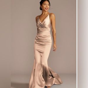 Galina signature satin spaghetti strap mermaid bridesmaid dress